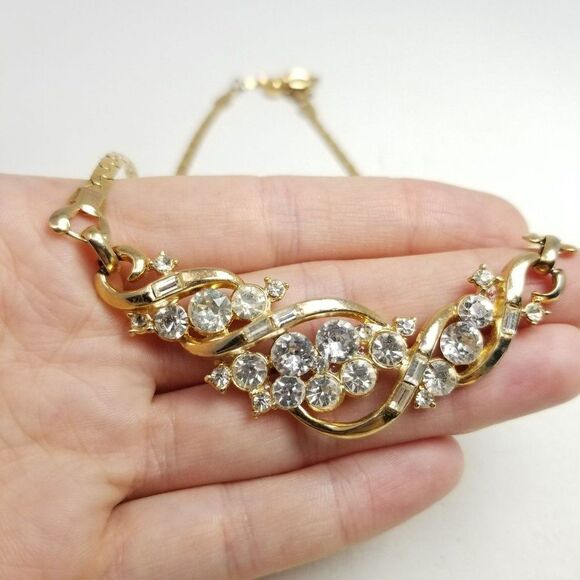 Vintage Gold Tone and Rhinestone Collar Style Necklace Adjustable Length, Estate - Picture 2 of 7